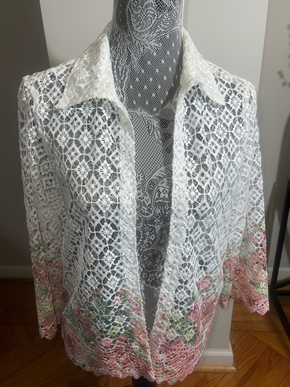 Alfred Dunner White Crochet Lace Open Cardigan with Pink & Green Floral Accent